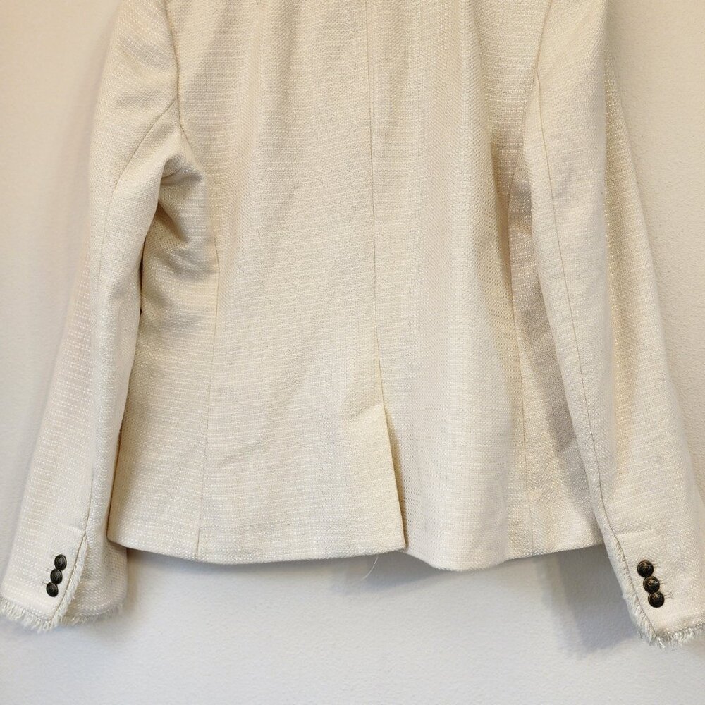 Banana Republic Ivory White Tweed Blazer with Fringe Brass Button Sz 14 Academia - Picture 11 of 16